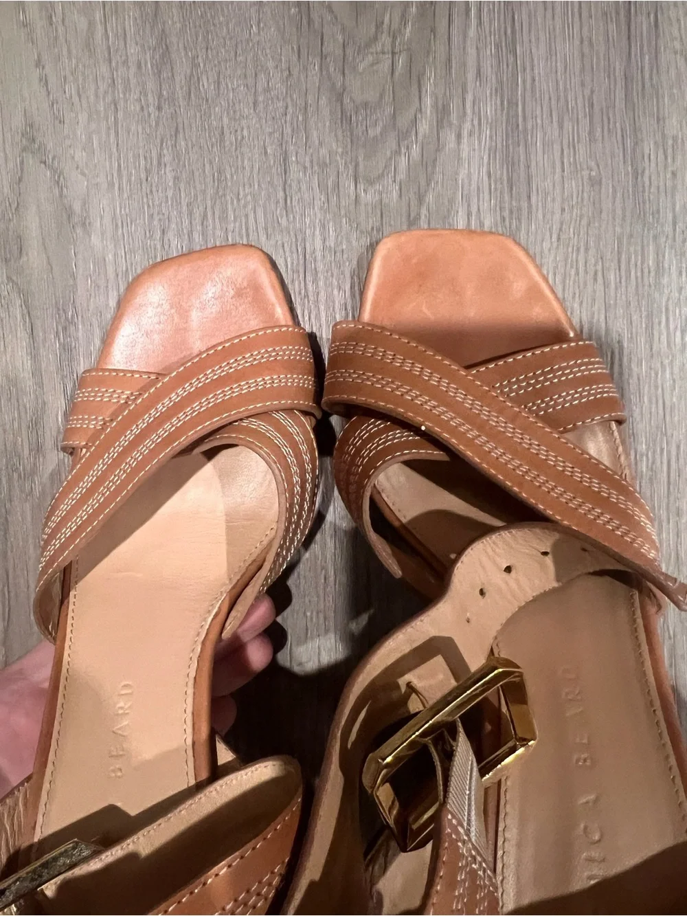 Veronica Beard Tan Leather Ankle-Strap Block Heels